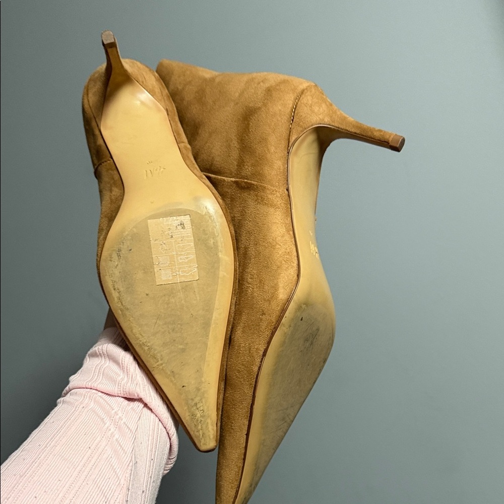 H&M Chic Tan Brown Suede Kitten Heel Pointed Toe Ankle Booties - Picture 7 of 8